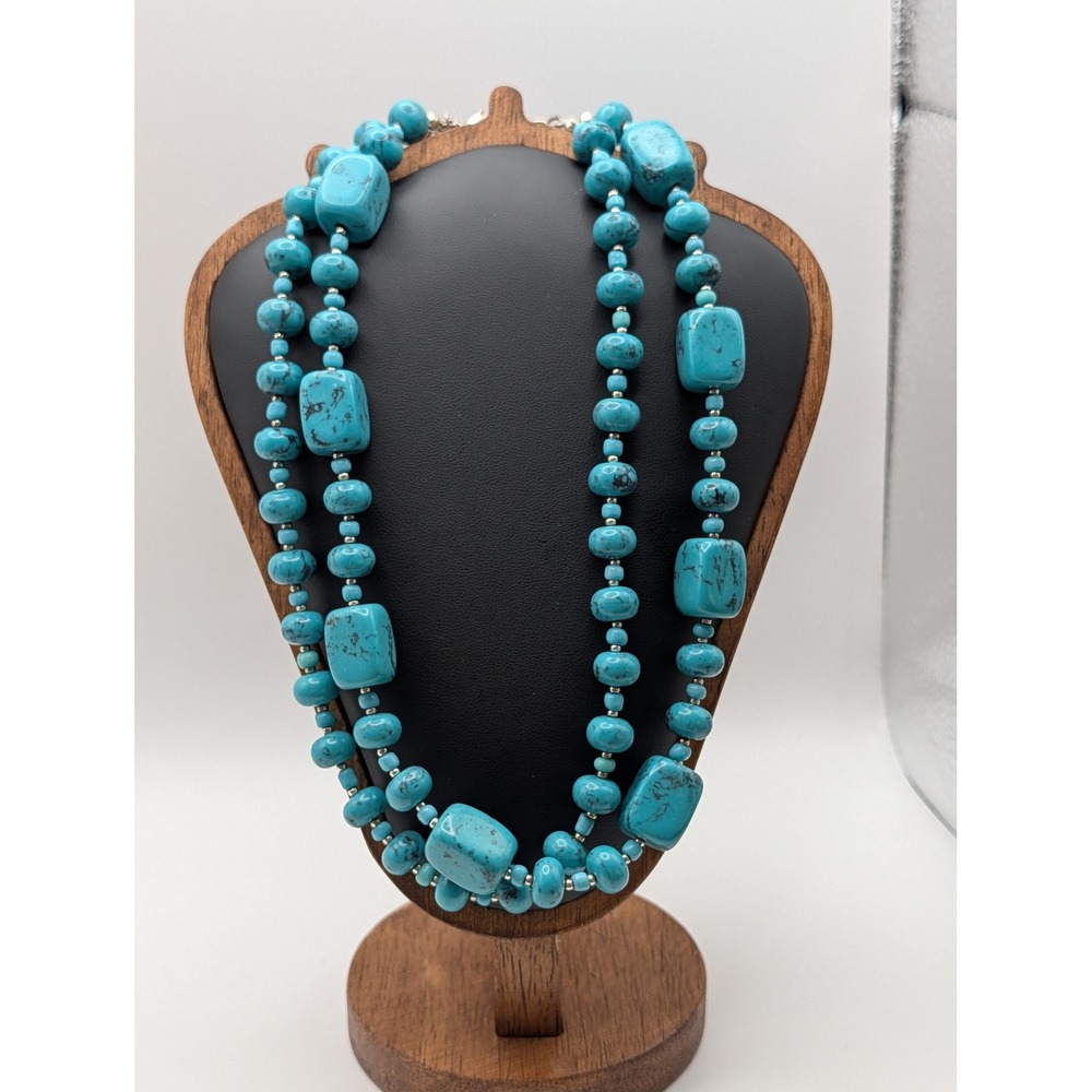 Turquoise Bead Double Strand Statement Necklace Silver Tone 18-21 Inch Adjust‎